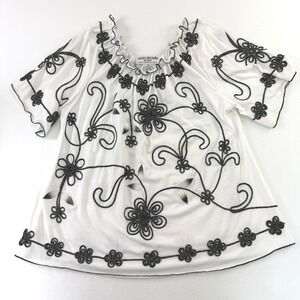 Lauren Michelle Woman 2X White Black Floral Soutache Embroidered Blouse Top